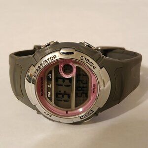 Marathon Digital Sport Day Date Pink Accent Silver Tone Gray Resin Band Watch